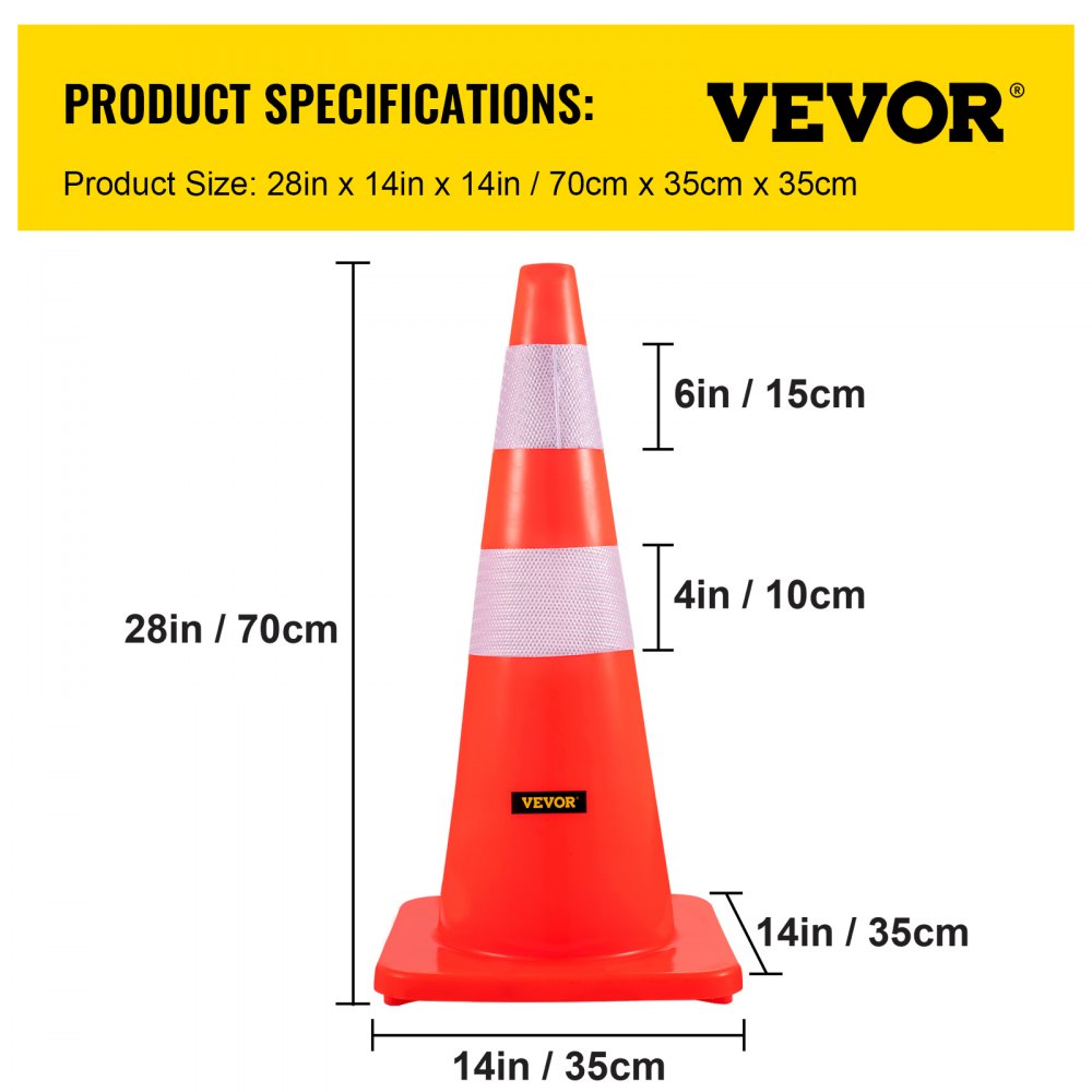 VEVOR Safety Cones, 28 in/73 cm Height, 10 PCS PVC Orange Traffic Cone with 2 Reflective Collars and Weighted Base, Used for Traffic Control, Driveway Road Parking and School Improvement