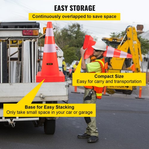 VEVOR Safety Cones, 28 in/73 cm Height, 12 PCS PVC Orange Traffic Cone with 2 Reflective Collars and Weighted Base, Used for Traffic Control, Driveway Road Parking and School Improvement