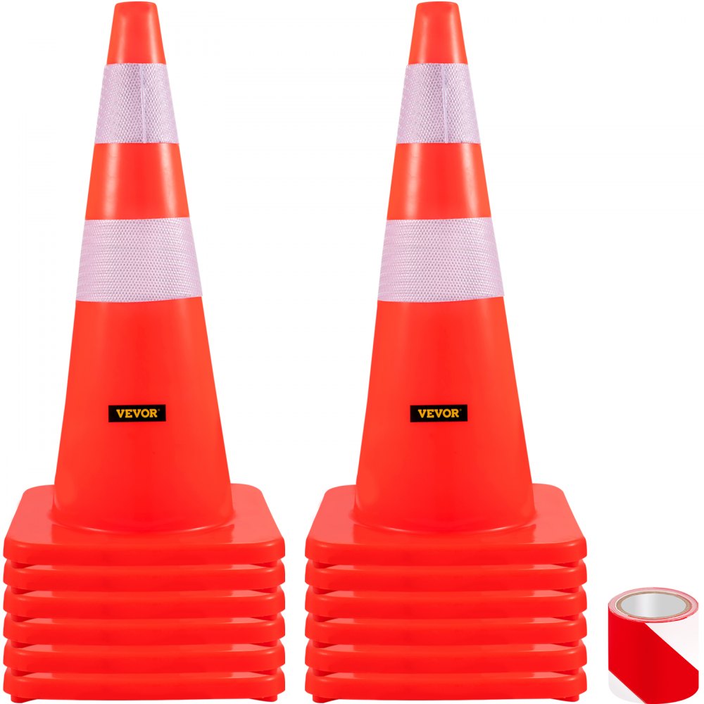 Cônes de sécurité VEVOR, 28 po/73 cm de hauteur, 12 cônes de signalisation orange en PVC avec 2 colliers réfléchissants et base lestée, utilisés pour le contrôle de la circulation, le stationnement sur allée et l'amélioration des écoles