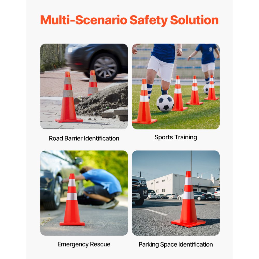 VEVOR Safety Cones, 28 in/73 cm Height, 12 PCS PVC Orange Traffic Cone with 2 Reflective Collars and Weighted Base, Used for Traffic Control, Driveway Road Parking and School Improvement