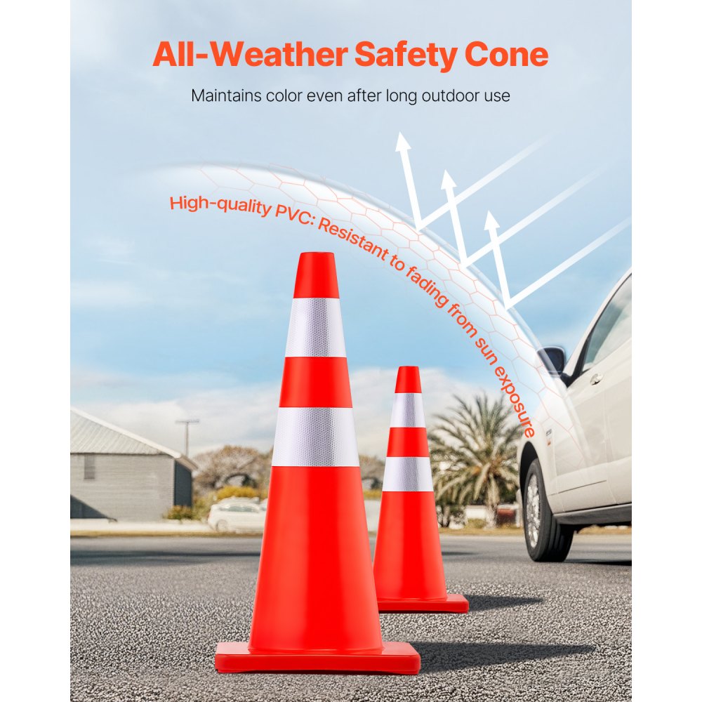 VEVOR Safety Cones, 28 in/73 cm Height, 12 PCS PVC Orange Traffic Cone with 2 Reflective Collars and Weighted Base, Used for Traffic Control, Driveway Road Parking and School Improvement