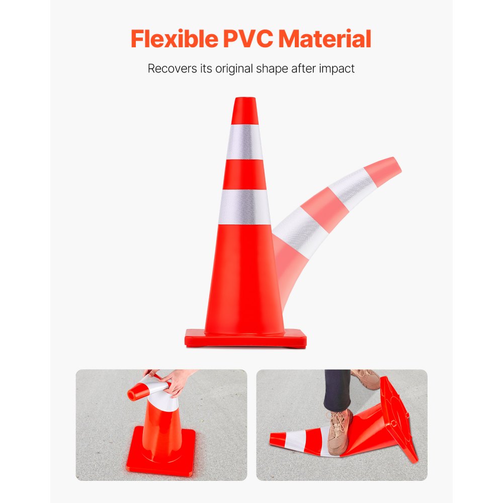 VEVOR Safety Cones, 28 in/73 cm Height, 12 PCS PVC Orange Traffic Cone with 2 Reflective Collars and Weighted Base, Used for Traffic Control, Driveway Road Parking and School Improvement