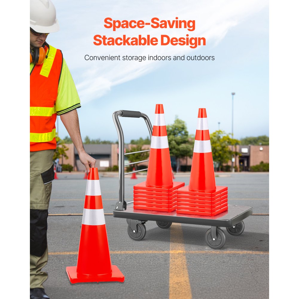 VEVOR Safety Cones, 28 in/73 cm Height, 12 PCS PVC Orange Traffic Cone with 2 Reflective Collars and Weighted Base, Used for Traffic Control, Driveway Road Parking and School Improvement