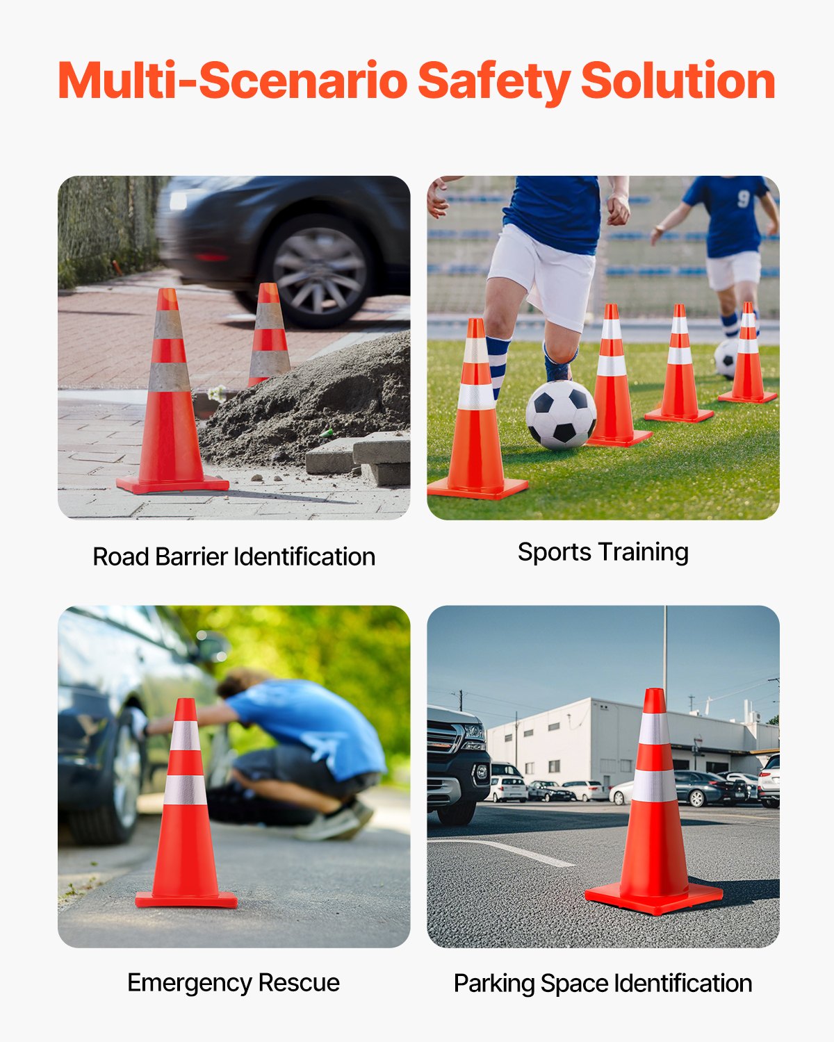 VEVOR Safety Cones, 28 in/73 cm Height, 12 PCS PVC Orange Traffic Cone with 2 Reflective Collars and Weighted Base, Used for Traffic Control, Driveway Road Parking and School Improvement