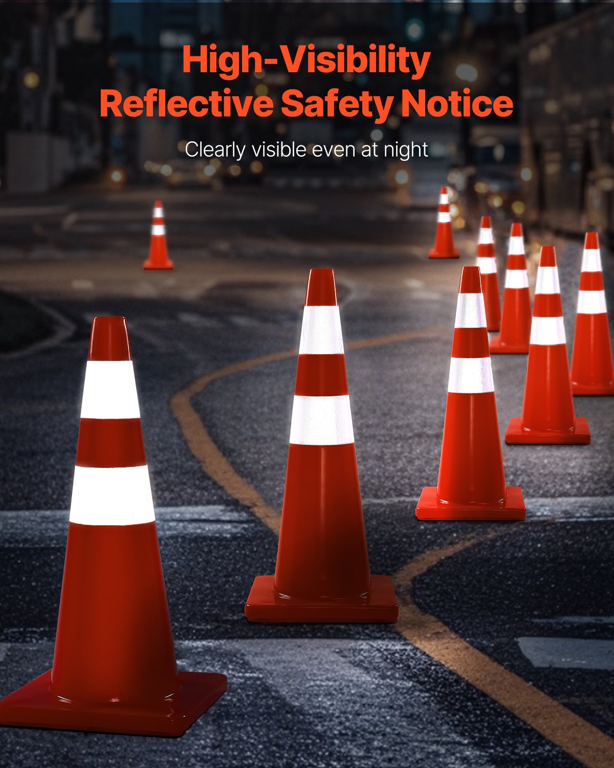VEVOR Safety Cones, 28 in/73 cm Height, 12 PCS PVC Orange Traffic Cone with 2 Reflective Collars and Weighted Base, Used for Traffic Control, Driveway Road Parking and School Improvement