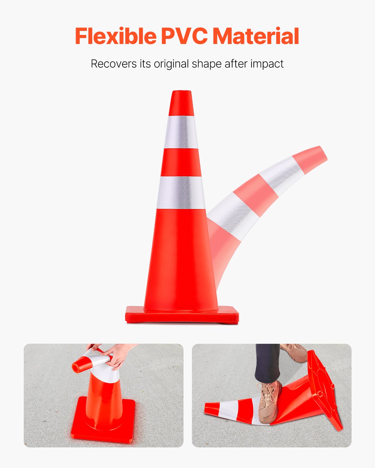 VEVOR Safety Cones, 28 in/73 cm Height, 12 PCS PVC Orange Traffic Cone with 2 Reflective Collars and Weighted Base, Used for Traffic Control, Driveway Road Parking and School Improvement