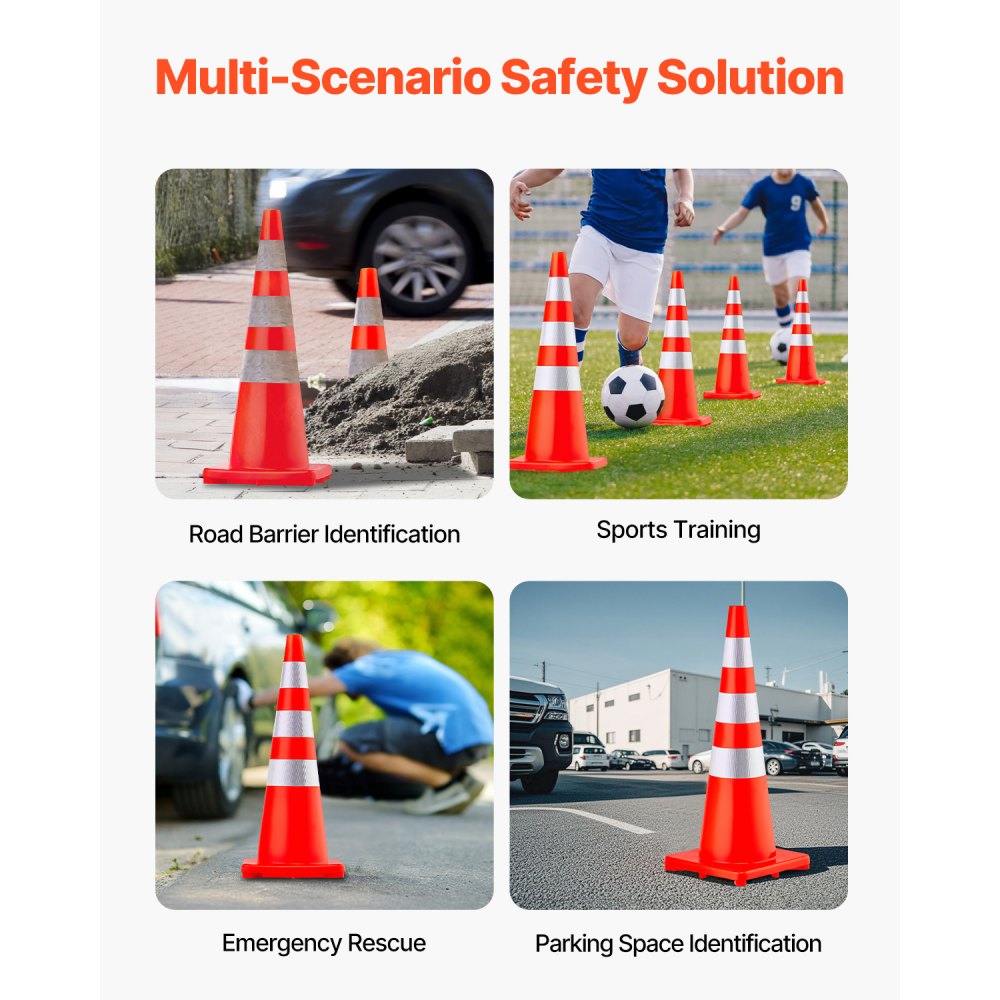 VEVOR Safety Cones, 6 x 36\" Traffic Cones, PVC Orange Construction Cones, Reflective Collars Traffic Cones with Weighted Base Used for Traffic Control, Driveway Road Parking and School Improvement