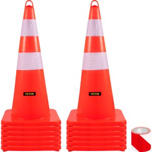 VEVOR Safety Cones, 12 x 28 Traffic Cones, PVC Orange Construction Cones,  2 Reflective Collars Traffic Cones with Weighted Base and Hand-Held Ring  Used for Traffic Control, Driveway Road Parking