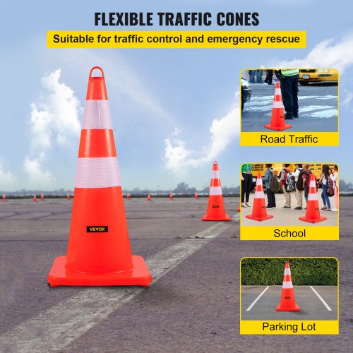 VEVOR Safety Cones, 12 x 28" Traffic Cones, PVC Orange Construction Cones, 2 Reflective Collars Traffic Cones with Weighted Base and Hand-Held Ring Used for Traffic Control, Driveway Road Parking