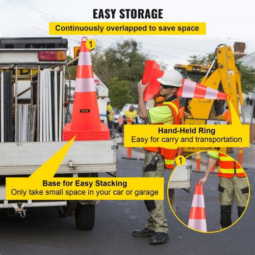 VEVOR Safety Cones, 12 x 28" Traffic Cones, PVC Orange Construction Cones, 2 Reflective Collars Traffic Cones with Weighted Base and Hand-Held Ring Used for Traffic Control, Driveway Road Parking