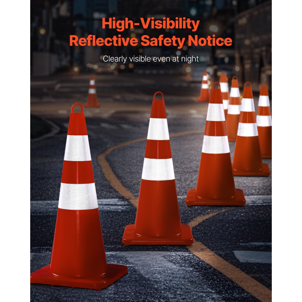 VEVOR Safety Cones, 12 x 28" Traffic Cones, PVC Orange Construction Cones, 2 Reflective Collars Traffic Cones with Weighted Base and Hand-Held Ring Used for Traffic Control, Driveway Road Parking