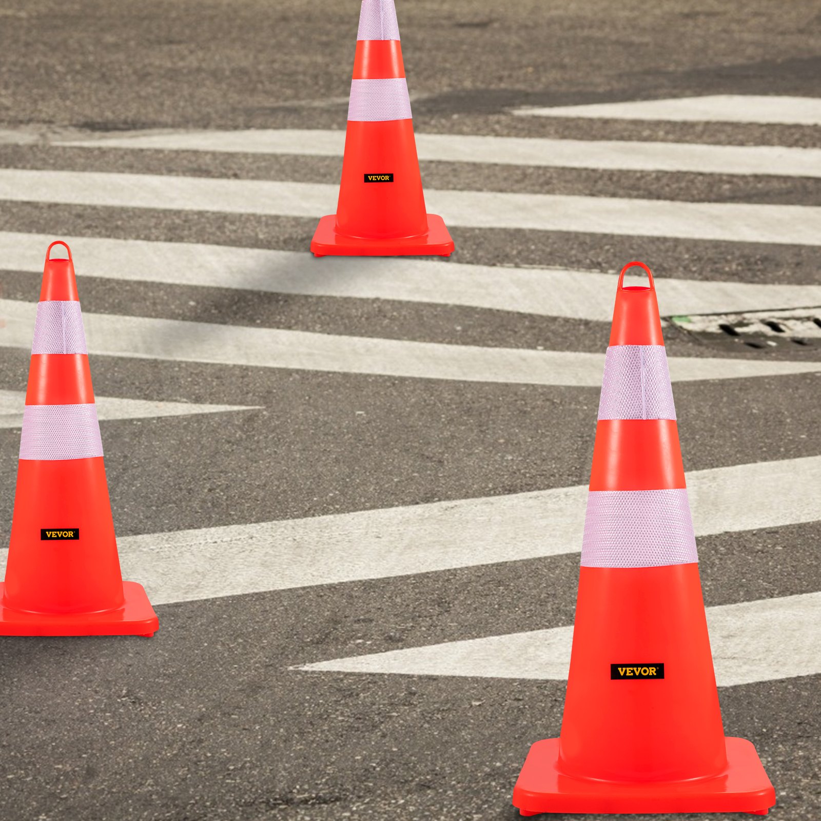 VEVOR Safety Cones, 12 x 28\" Traffic Cones, PVC Orange Construction Cones, 2 Reflective Collars Traffic Cones with Weighted Base and Hand-Held Ring Used for Traffic Control, Driveway Road Parking