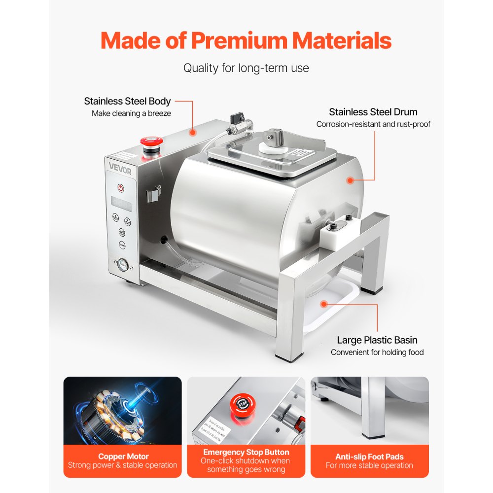 VEVOR Meat Tumbler Marinator, 10L Vacuum Tumbler Marinating Machine with Automatic Bidirectional Rotation, Stainless Steel Vacuum Curing Machine for Chicken Steak Pork, Home & Commercial Use