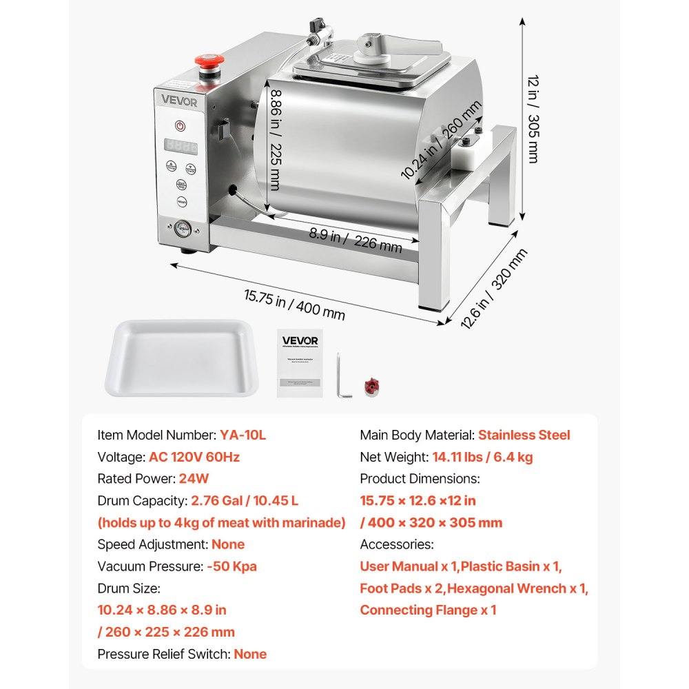VEVOR Meat Tumbler Marinator, 10L Vacuum Tumbler Marinating Machine with Automatic Bidirectional Rotation, Stainless Steel Vacuum Curing Machine for Chicken Steak Pork, Home & Commercial Use