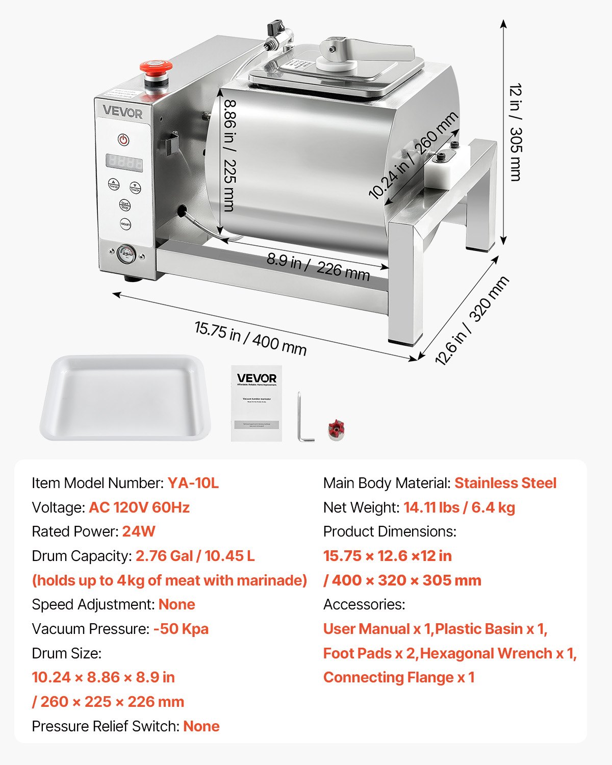 VEVOR Meat Tumbler Marinator, 10L Vacuum Tumbler Marinating Machine with Automatic Bidirectional Rotation, Stainless Steel Vacuum Curing Machine for Chicken Steak Pork, Home & Commercial Use