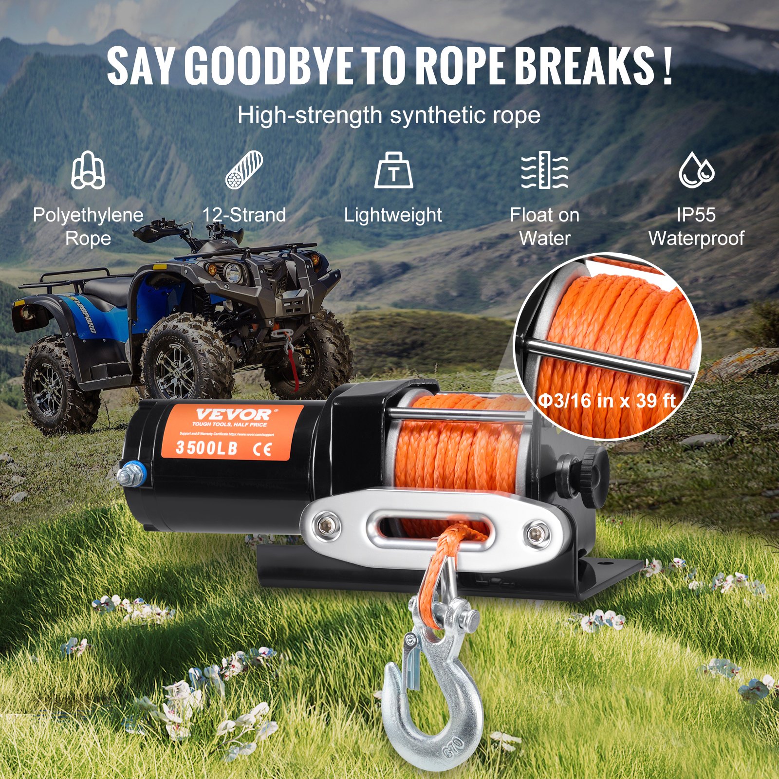 VEVOR Electric Winch, 1588 kg Line Pull Capacity, 12V DC ATV Winch with Φ0.5 x 1188.7 cm 12 Strands Synthetic Rope Aluminum Fairlead Wired Remote Control, IP55 Waterproof for Towing ATV Boat