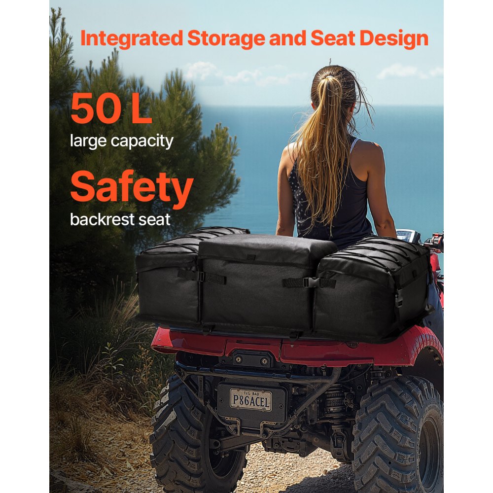 VEVOR ATV Rear Storage Bag, 50L ATV Rear Cargo Bag with Sponge Seat Cushion & Bottle Holder, 600D Oxford Cloth Rear Seat Gear Bag Fit Most ATVs with Rear Rack, Compatible with ATV, UTV, Can-Am Vehicle