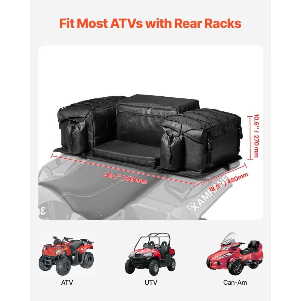 VEVOR ATV Rear Storage Bag, 50L ATV Rear Cargo Bag with Sponge Seat Cushion & Bottle Holder, 600D Oxford Cloth Rear Seat Gear Bag Fit Most ATVs with Rear Rack, Compatible with ATV, UTV, Can-Am Vehicle
