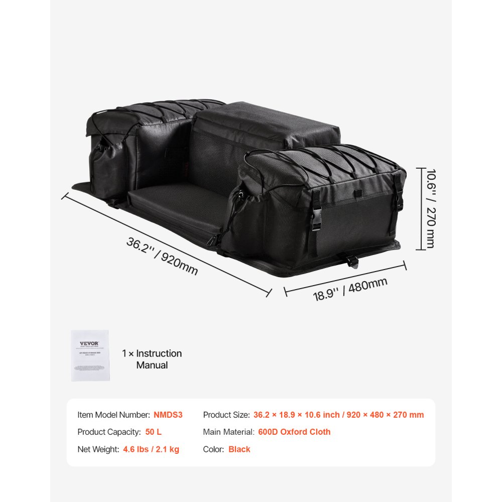 VEVOR ATV Rear Storage Bag, 50L ATV Rear Cargo Bag with Sponge Seat Cushion & Bottle Holder, 600D Oxford Cloth Rear Seat Gear Bag Fit Most ATVs with Rear Rack, Compatible with ATV, UTV, Can-Am Vehicle