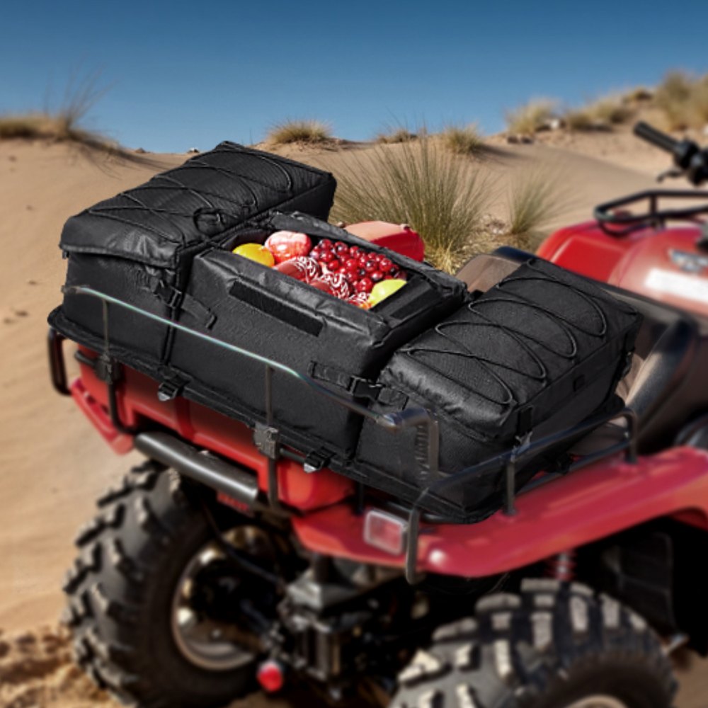 VEVOR ATV Rear Storage Bag, 50L ATV Rear Cargo Bag with Sponge Seat Cushion & Bottle Holder, 600D Oxford Cloth Rear Seat Gear Bag Fit Most ATVs with Rear Rack, Compatible with ATV, UTV, Can-Am Vehicle