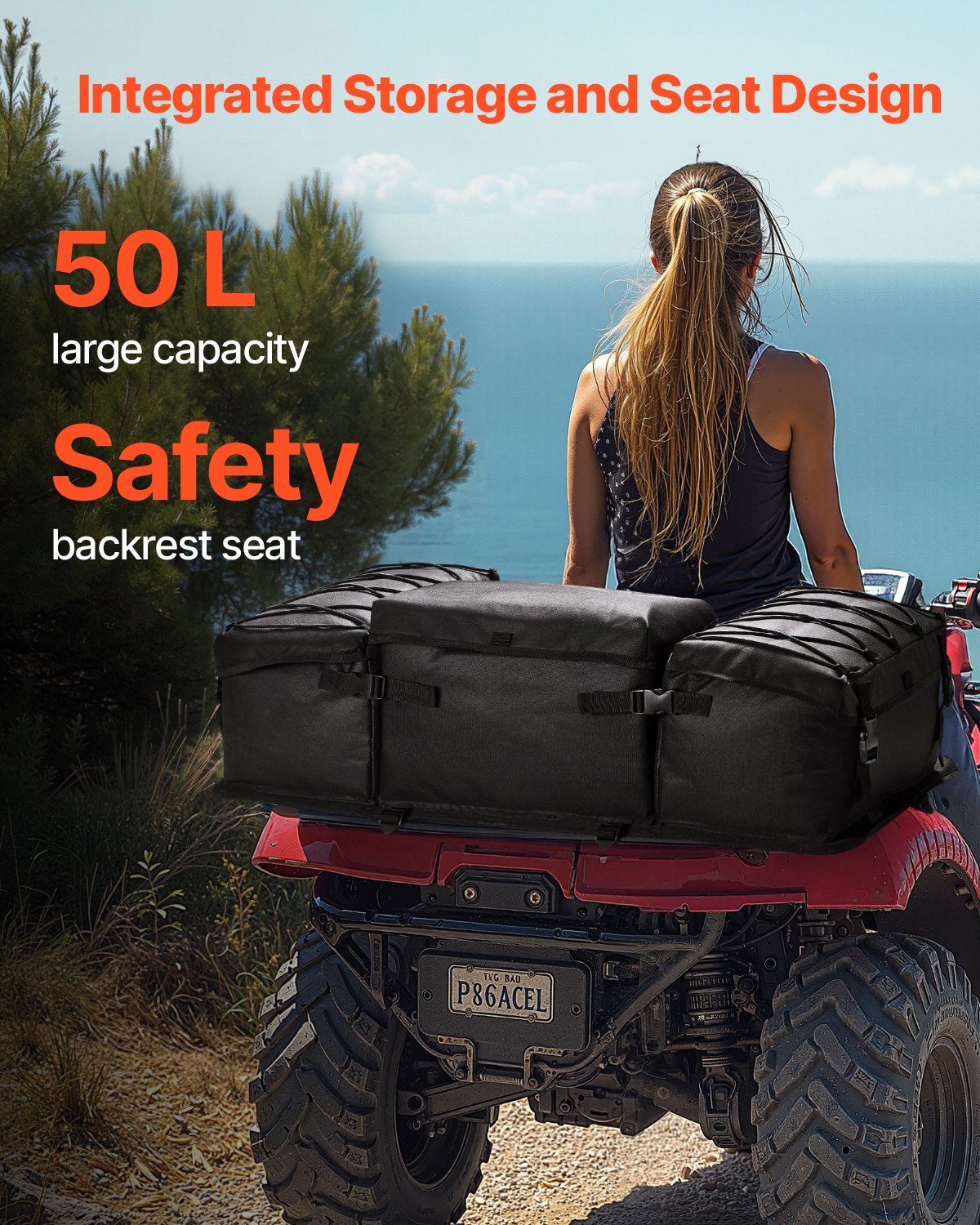 VEVOR ATV Rear Storage Bag, 50L ATV Rear Cargo Bag with Sponge Seat Cushion & Bottle Holder, 600D Oxford Cloth Rear Seat Gear Bag Fit Most ATVs with Rear Rack, Compatible with ATV, UTV, Can-Am Vehicle