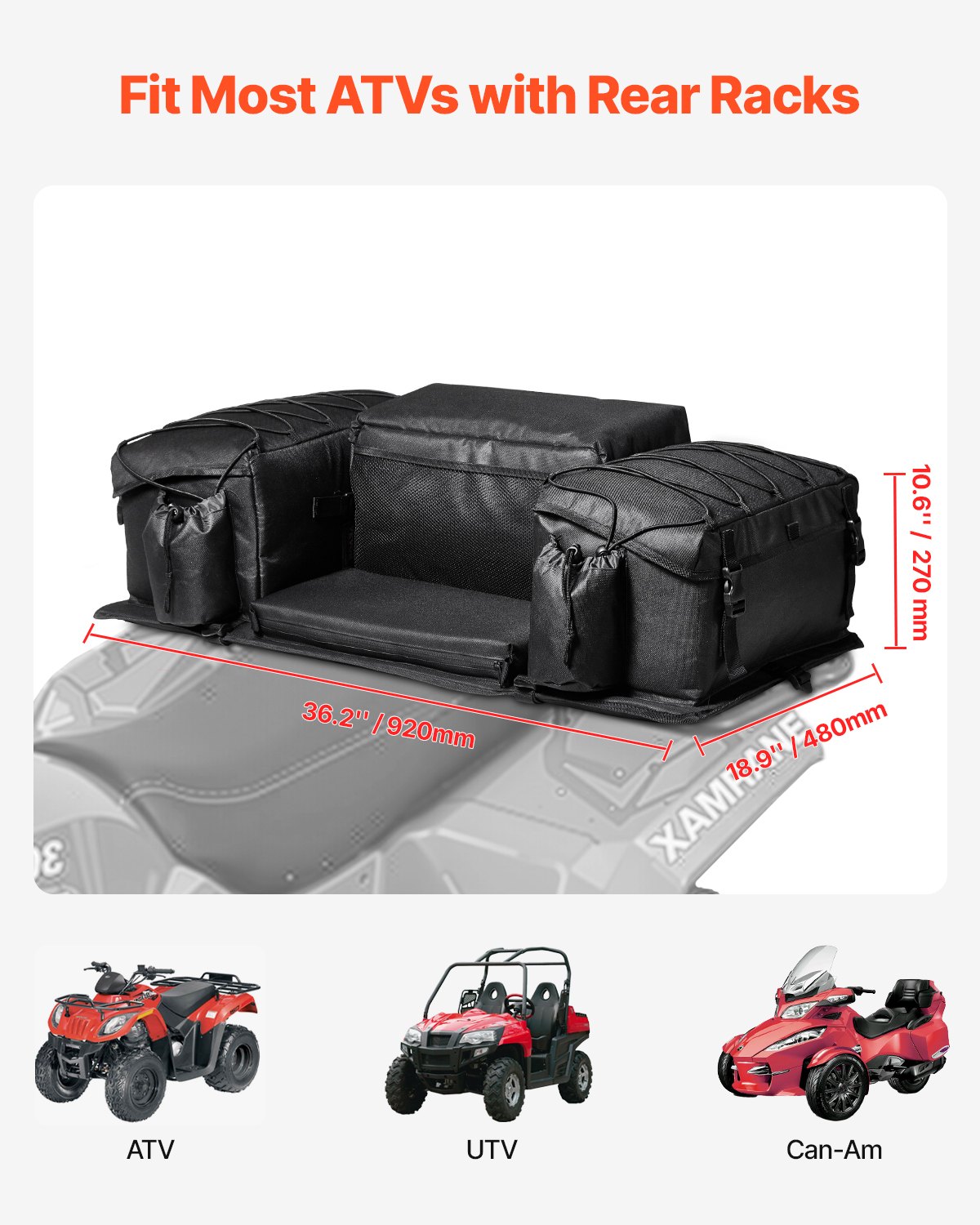 VEVOR ATV Rear Storage Bag, 50L ATV Rear Cargo Bag with Sponge Seat Cushion & Bottle Holder, 600D Oxford Cloth Rear Seat Gear Bag Fit Most ATVs with Rear Rack, Compatible with ATV, UTV, Can-Am Vehicle