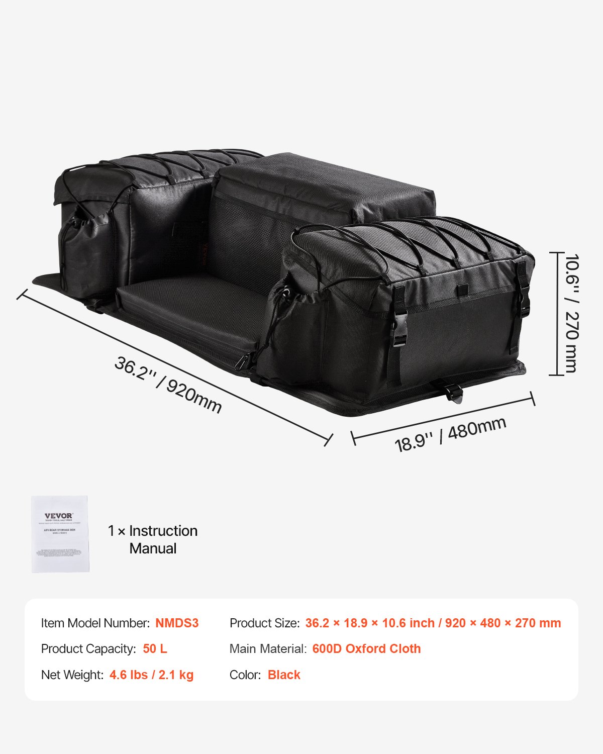 VEVOR ATV Rear Storage Bag, 50L ATV Rear Cargo Bag with Sponge Seat Cushion & Bottle Holder, 600D Oxford Cloth Rear Seat Gear Bag Fit Most ATVs with Rear Rack, Compatible with ATV, UTV, Can-Am Vehicle