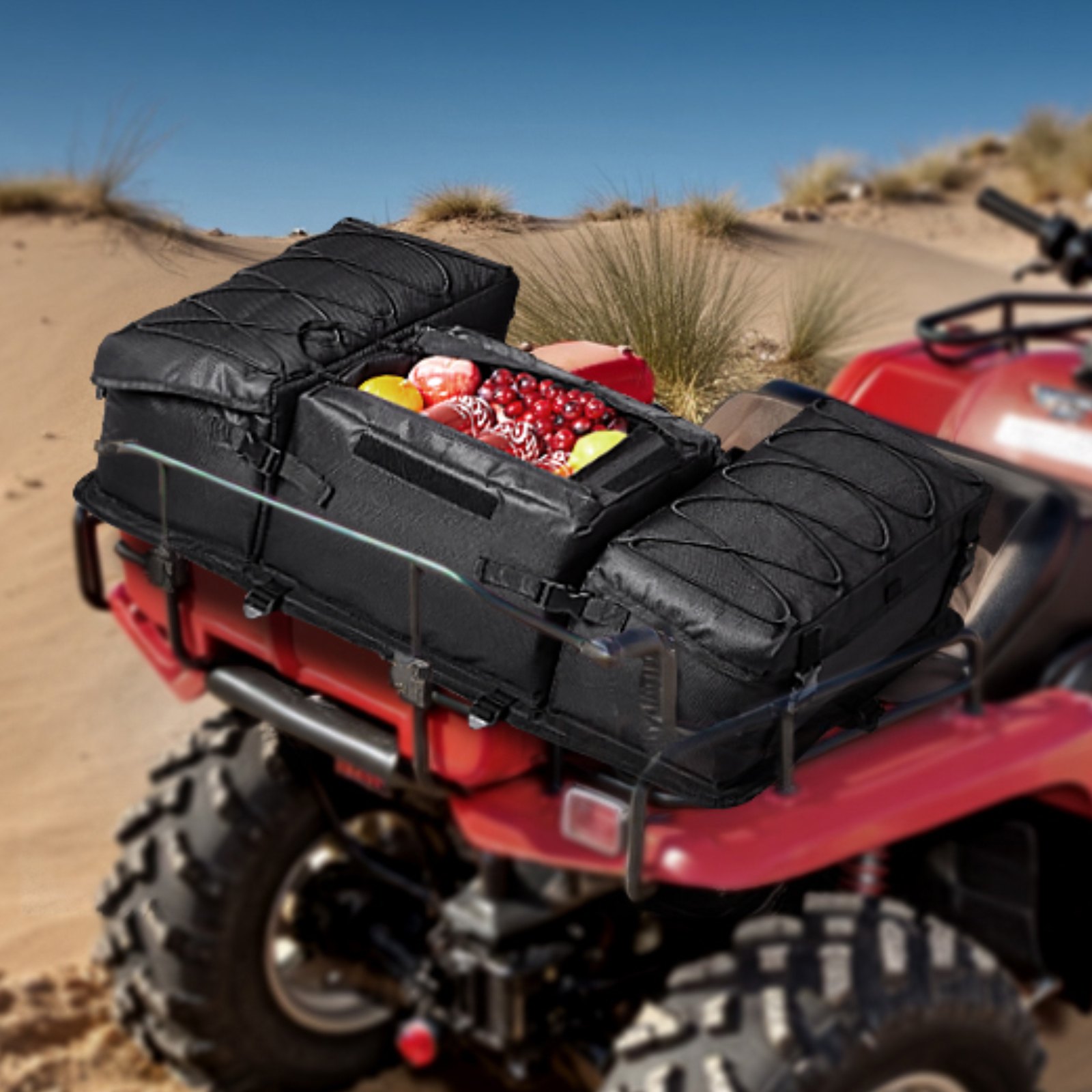 VEVOR ATV Rear Storage Bag, 50L ATV Rear Cargo Bag with Sponge Seat Cushion & Bottle Holder, 600D Oxford Cloth Rear Seat Gear Bag Fit Most ATVs with Rear Rack, Compatible with ATV, UTV, Can-Am Vehicle