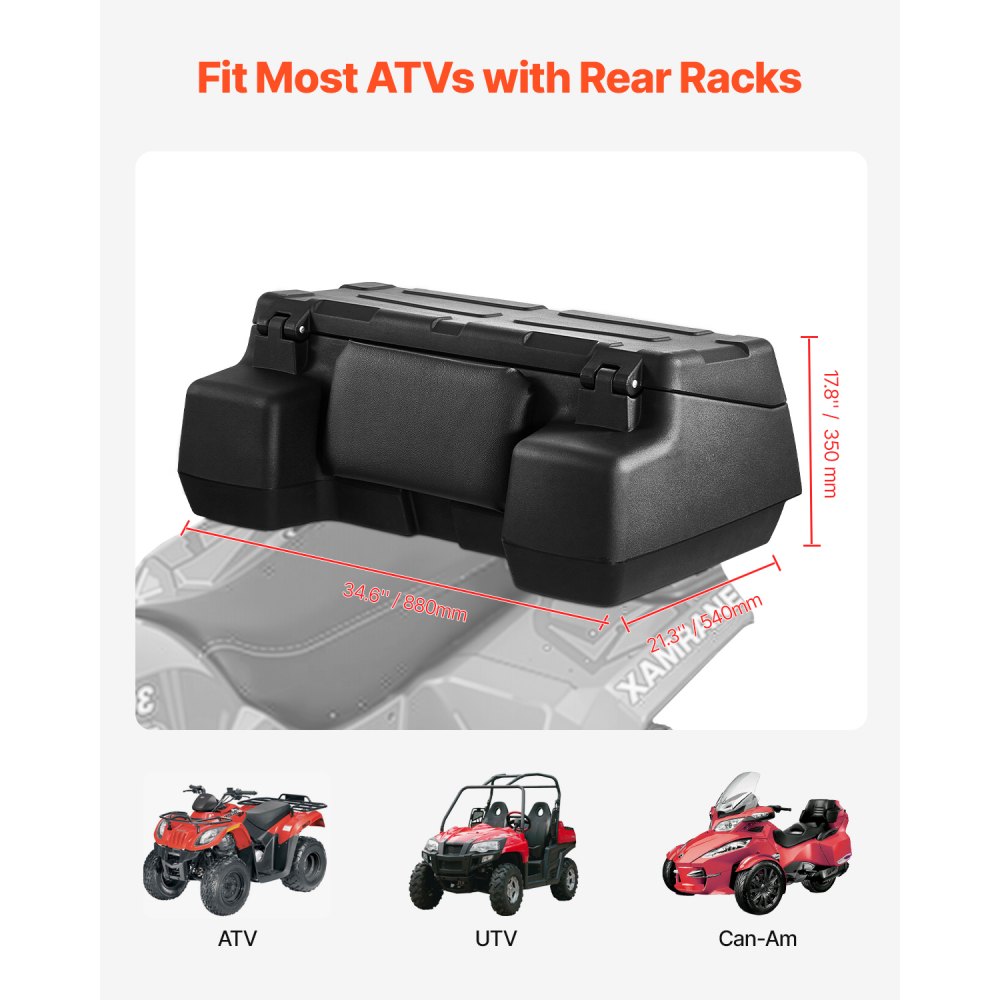 VEVOR Caja de almacenamiento trasera para ATV, 95 L, con respaldo acolchado, LLDPE impermeable y caja de almacenamiento de equipo con cerradura, compatible con la mayoría de los ATV con portaequipajes trasero, compatible con vehículos ATV, UTV y Can-Am.