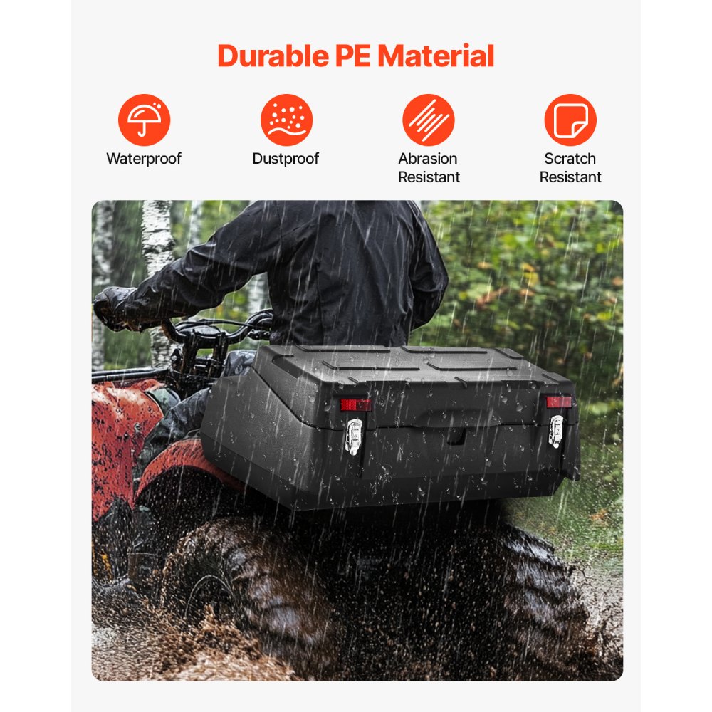 VEVOR Caja de almacenamiento trasera para ATV, 95 L, con respaldo acolchado, LLDPE impermeable y caja de almacenamiento de equipo con cerradura, compatible con la mayoría de los ATV con portaequipajes trasero, compatible con vehículos ATV, UTV y Can-Am.