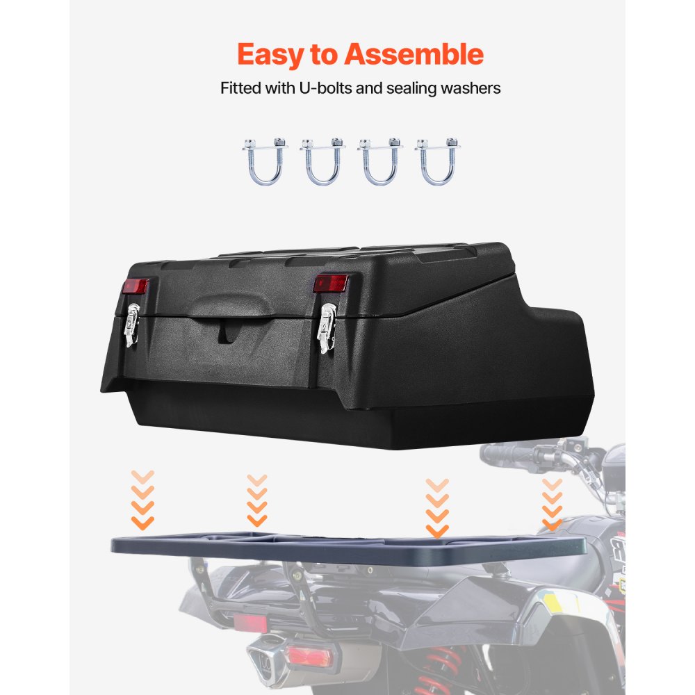 VEVOR Caja de almacenamiento trasera para ATV, 95 L, con respaldo acolchado, LLDPE impermeable y caja de almacenamiento de equipo con cerradura, compatible con la mayoría de los ATV con portaequipajes trasero, compatible con vehículos ATV, UTV y Can-Am.