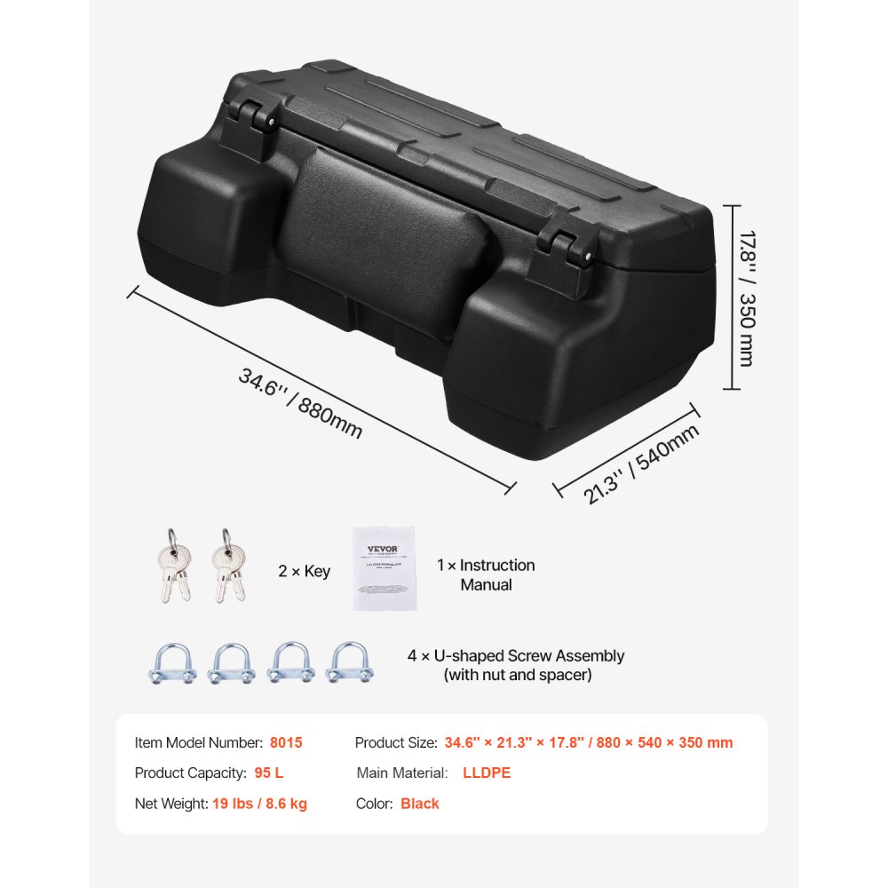 VEVOR Caja de almacenamiento trasera para ATV, 95 L, con respaldo acolchado, LLDPE impermeable y caja de almacenamiento de equipo con cerradura, compatible con la mayoría de los ATV con portaequipajes trasero, compatible con vehículos ATV, UTV y Can-Am.