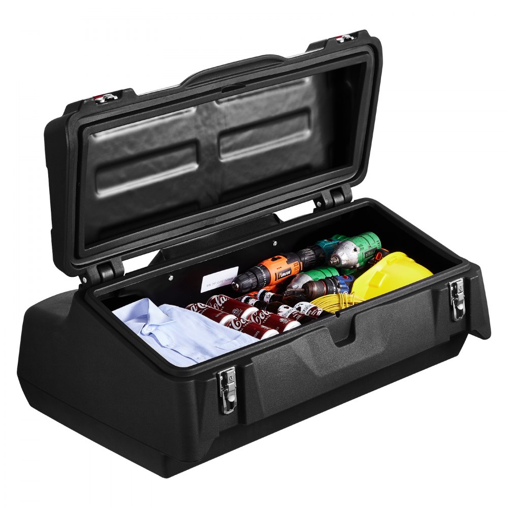 VEVOR Caja de almacenamiento trasera para ATV, 95 L, con respaldo acolchado, LLDPE impermeable y caja de almacenamiento de equipo con cerradura, compatible con la mayoría de los ATV con portaequipajes trasero, compatible con vehículos ATV, UTV y Can-Am.