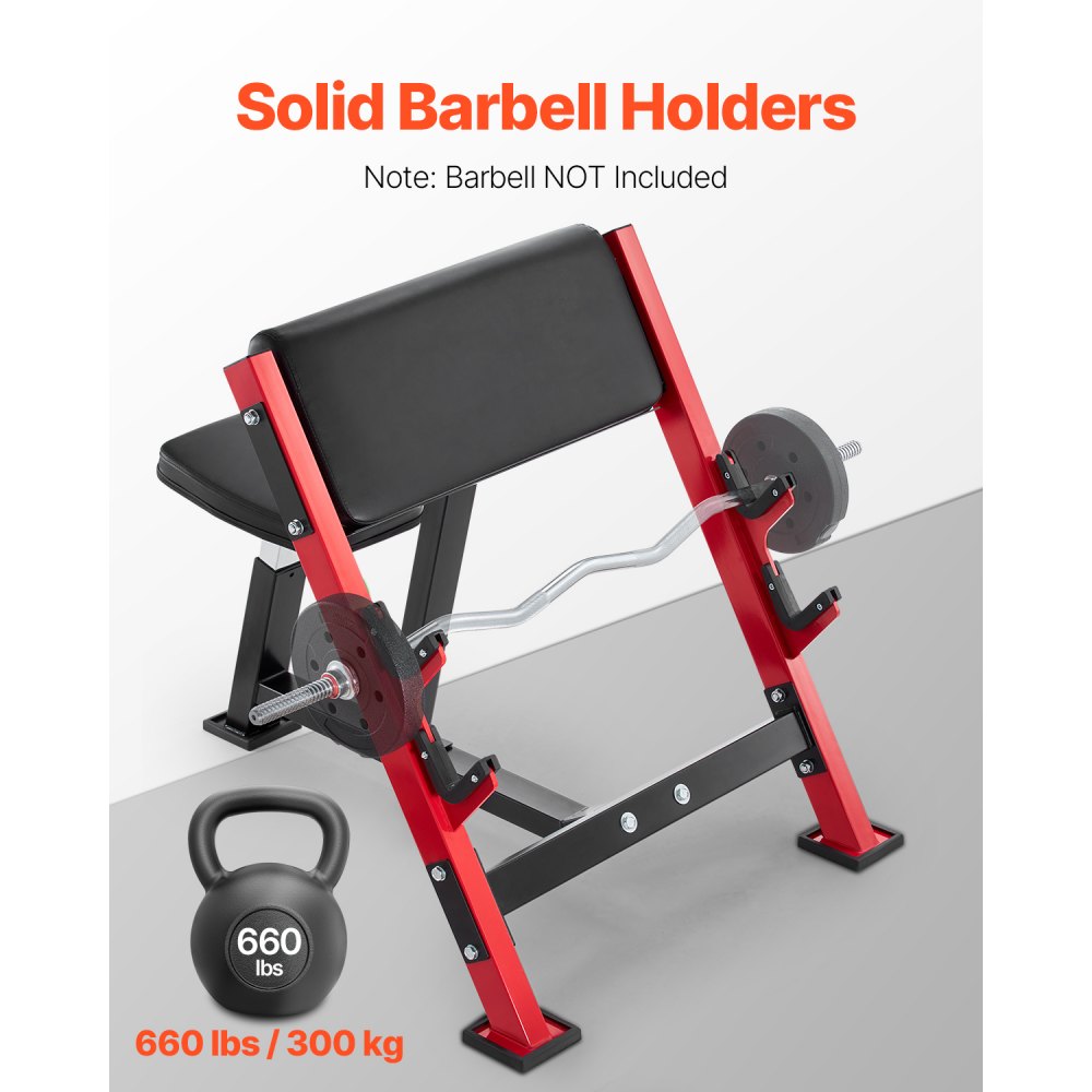 VEVOR Preacher Curl Bench, Strength Training Benches, Max load 660 LBS Home Gym Fitness Equipment, Seated Arm Isolated Barbell Dumbbell Bicep Station, Adjustable Weight Bench with Bar Holders