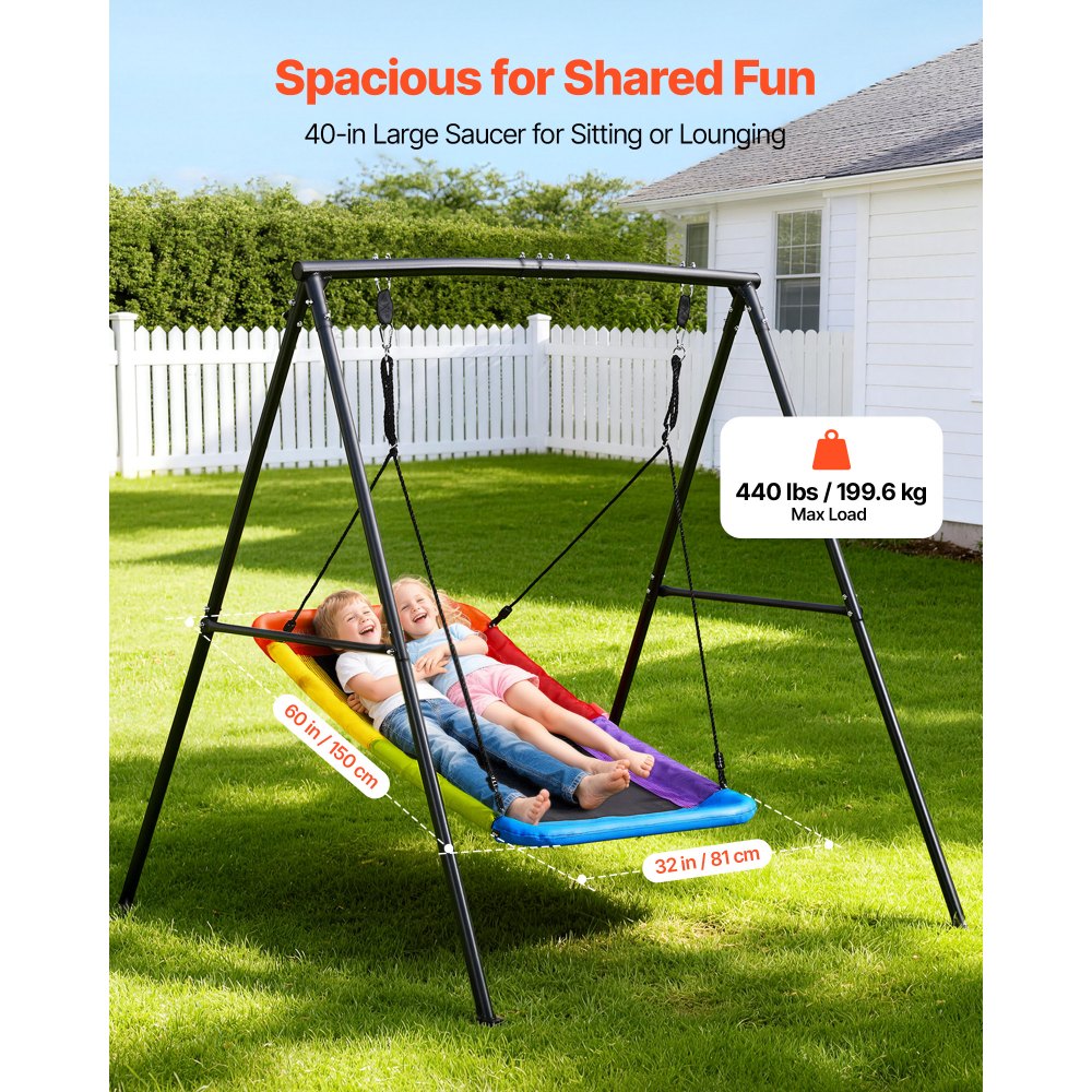 VEVOR Swing Set for Backyard, 150 x 81 cm Swing Seat with Heavy Duty A-Frame Metal Stand, 199.6 kg Load Capacity, Reinforced with Spiral Ground Anchors, Swingset Outdoor for Kids, Black and Colorful