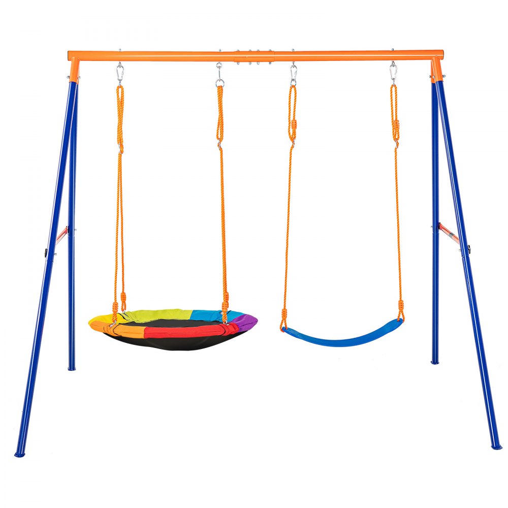 VEVOR swing sets with colorful disc swing and blue belt seat, supported by orange and blue frame.