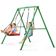 VEVOR Swing Set for Backyard, 32 in Saucer Swing Seat and Belt Seat, with Heavy Duty A-Frame Metal Stand, 440 lbs Load Capacity, Reinforced with Spiral Ground Anchors, Swingset Outdoor for Kids