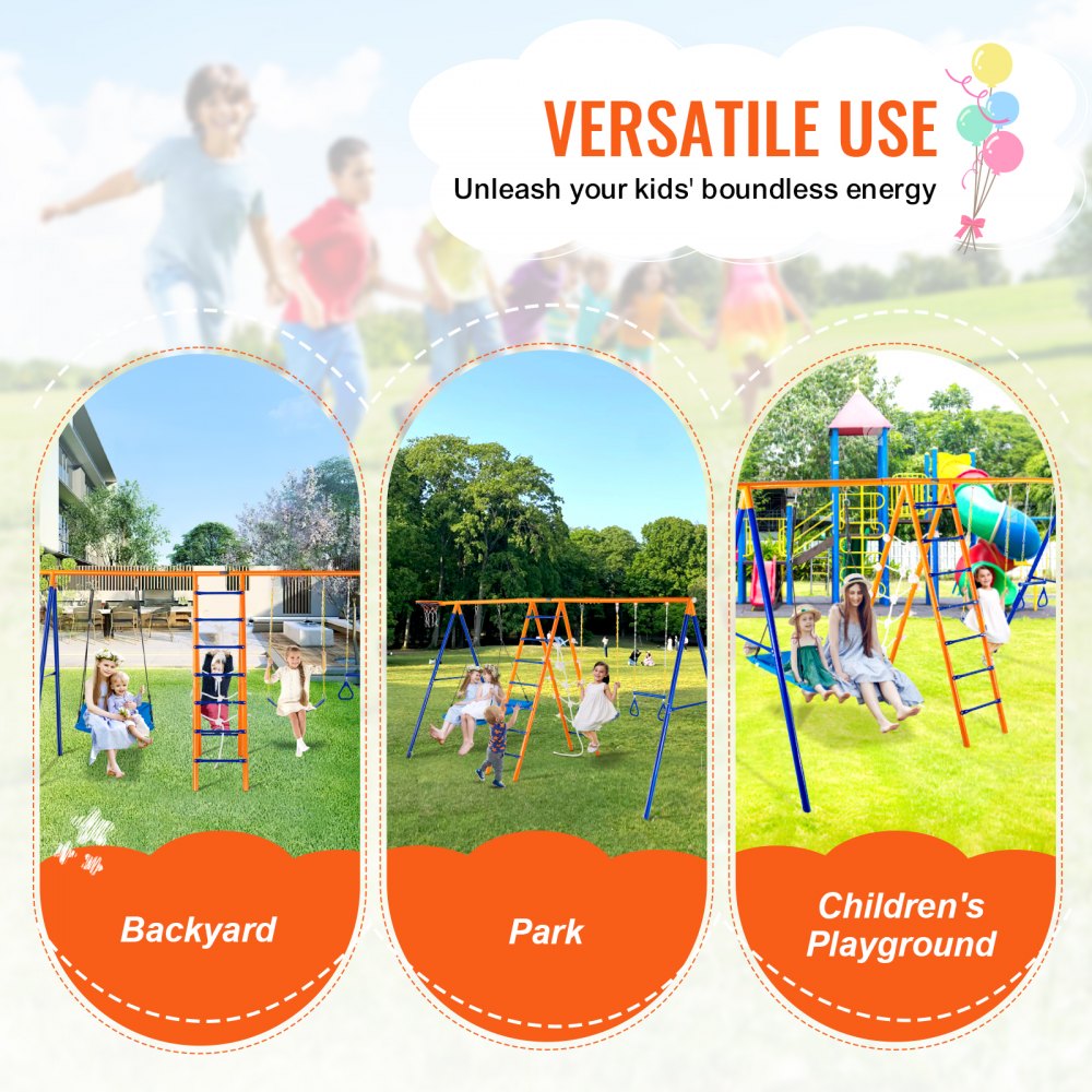 VEVOR Swing Sets for Backyard, 6 in 1 Swing Set with 2 Swings, Trapeze Bar, Climbing Ladder, Climbing Net, and Basketball Hoop, 440lbs Load Capacity Heavy-Duty Metal Swingset Outdoor for Kids Ages 3+