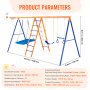 VEVOR Swing Sets for Backyard, 6 in 1 Swing Set with 2 Swings, Trapeze Bar, Climbing Ladder, Climbing Net, and Basketball Hoop, 440lbs Load Capacity Heavy-Duty Metal Swingset Outdoor for Kids Ages 3+