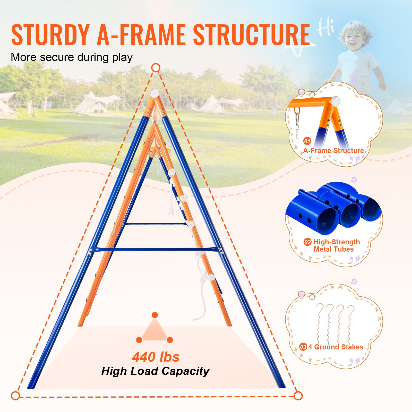 VEVOR Swing Sets for Backyard, 6 in 1 Swing Set with 2 Swings, Trapeze Bar, Climbing Ladder, Climbing Net, and Basketball Hoop, 440lbs Load Capacity Heavy-Duty Metal Swingset Outdoor for Kids Ages 3+