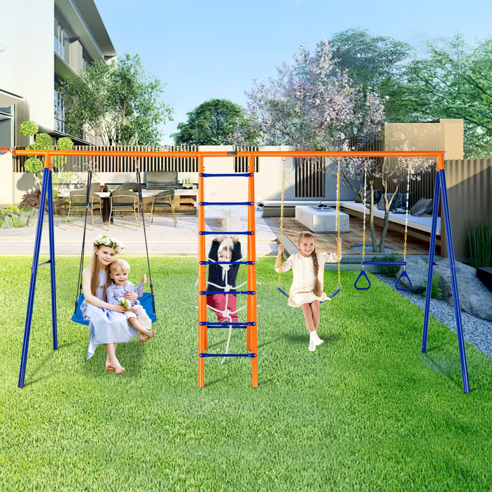 VEVOR Swing Sets for Backyard, 6 in 1 Swing Set with 2 Swings, Trapeze Bar, Climbing Ladder, Climbing Net, and Basketball Hoop, 440lbs Load Capacity Heavy-Duty Metal Swingset Outdoor for Kids Ages 3+