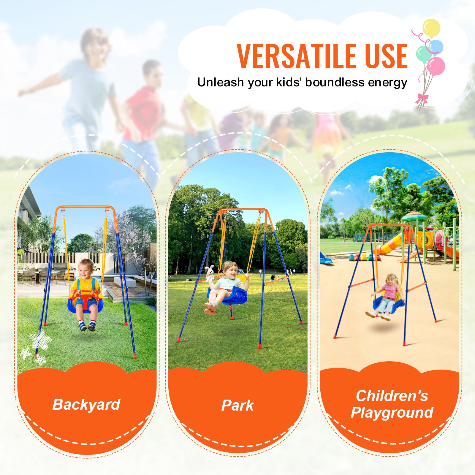 VEVOR Swing Sets for Backyard, 3-in-1 Toddler Swing Set with 4 Sandbags, Foldable Metal Stand, Easy to Assemble, Swingset Indoor/Outdoor for Kids 3-6 Years, Youth 6-10 Years and Teenagers 10+