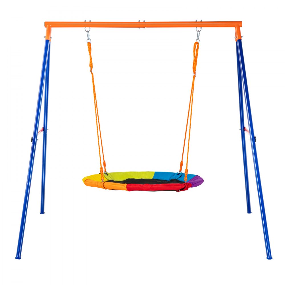 bright VEVOR swing set with blue frame and multicolored round seat, hanging by orange ropes.