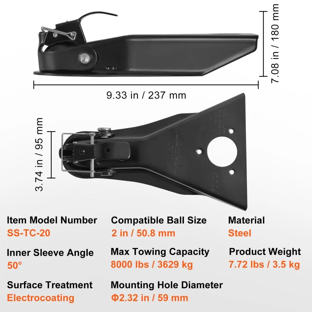 VEVOR A-Frame Trailer Coupler, Fits 2-Inch Hitch Ball Size, 8000 lbs Towing Capacity, Heavy Duty Steel Coupler, Ideal for Towing Station Wagons, Pickup Trucks, SUVs, Campers, Black Coating Surface