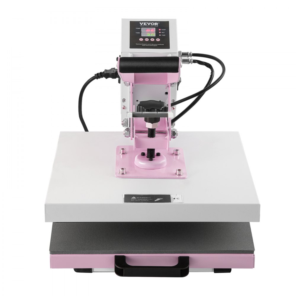 VEVOR heat press machine with digital display, pink and white design, flatbed surface for printing.