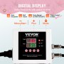 VEVOR heat press machine digital display with temp range, timer control, auto shutdown, and bell alarm.