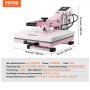 VEVOR heat press machine, pink, 15x15 in heat plate, digital controls, 1400w power, dimension labeled.