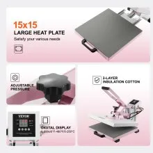 VEVOR Heat Press, 15 x 15 inch Digital Heat Press Machine, Slide Out Heat Transfer Machine, Fast and Even Heating, 2-Layer Insulation Cotton, Heat Transfer Machine for T-Shirts/Pillows/Bags, Pink