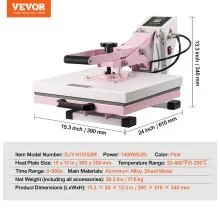 VEVOR Heat Press, 15 x 15 inch Digital Heat Press Machine, Slide Out Heat Transfer Machine, Fast and Even Heating, 2-Layer Insulation Cotton, Heat Transfer Machine for T-Shirts/Pillows/Bags, Pink