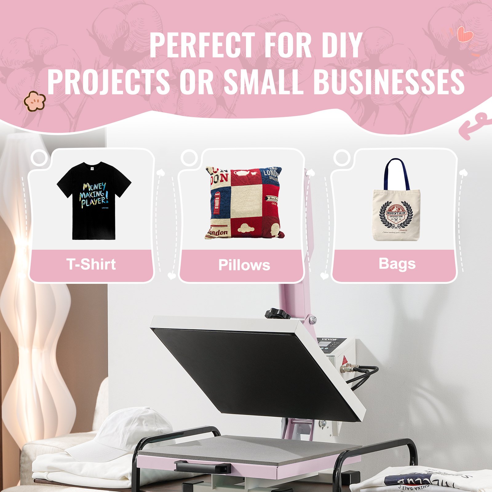 VEVOR Heat Press, 38x38 cm Digital Heat Press Machine, Slide Out Heat Transfer Machine, Fast and Even Heating, 2-Layer Insulation Cotton, Heat Transfer Machine for T-Shirts/Pillows/Bags, Pink